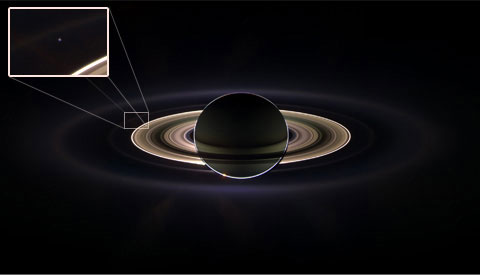 A recent photo from the Cassini spacecraft shows the mighty planet Saturn, and if you look
very closely between its wing-like rings, a faint pinprick of light. That tiny dot is
Earth bustling with life as we know it. The image is the second ever taken of our world
from deep space. The first, captured by the Voyager spacecraft in 1990, stunned many
people, including the famous astronomer Carl Sagan who called our seemingly miniscule
planet a "pale blue dot" and "the only home we've ever known."